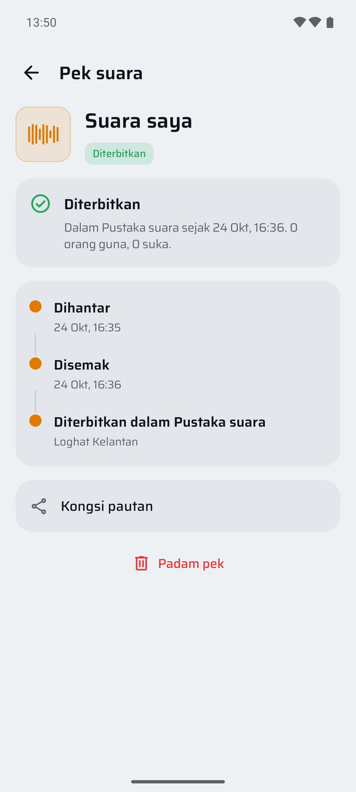 Pek suara yang dihantar, disemak dan diterbitkan dalam Pustaka suara.