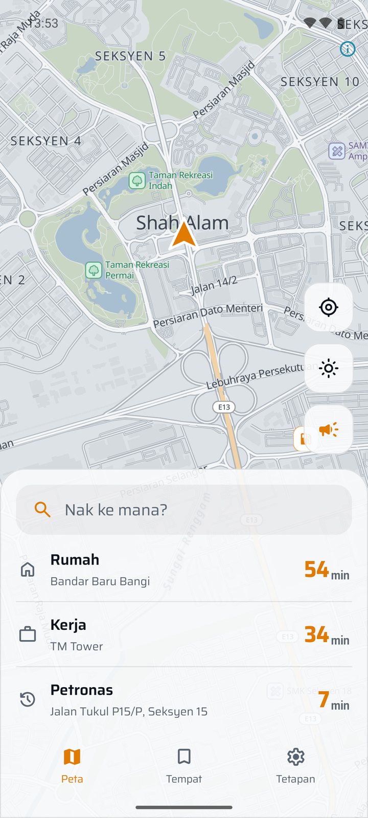 Skrin utama di Shah Alam: Rumah 54 minit, Kerja 34 minit.