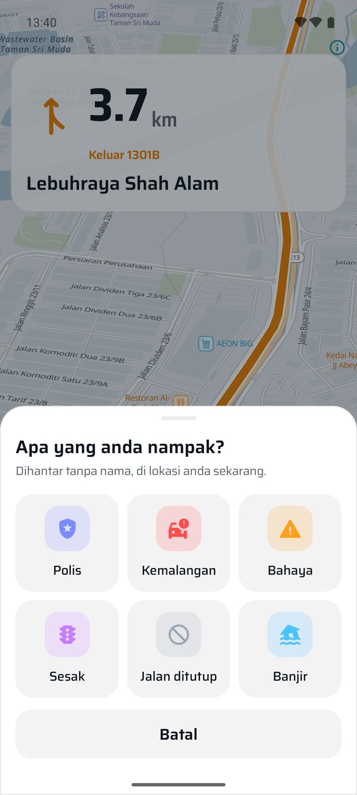 Semasa memandu: pilih Polis, Kemalangan, Bahaya, Sesak, Jalan ditutup atau Banjir.