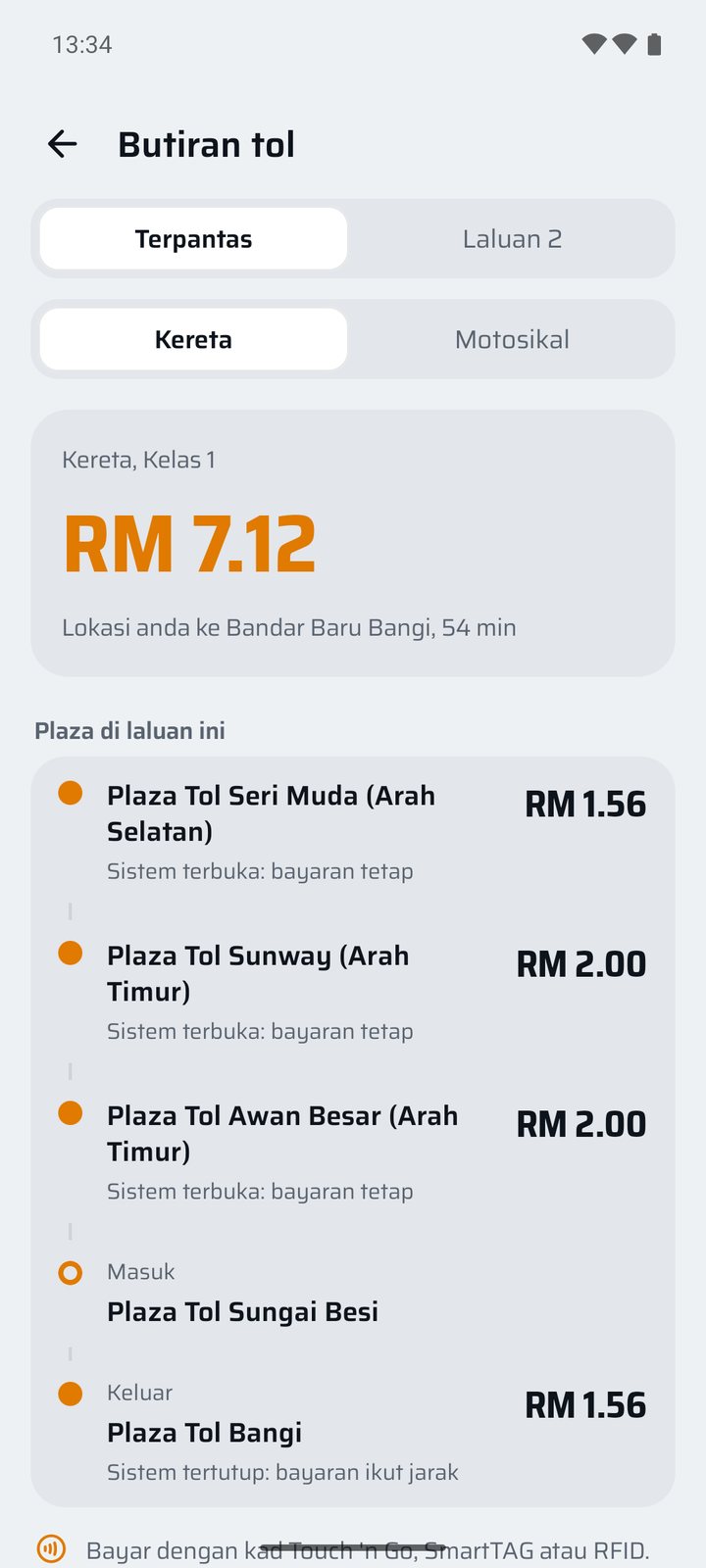 Butiran tol: setiap plaza di laluan dengan harganya.