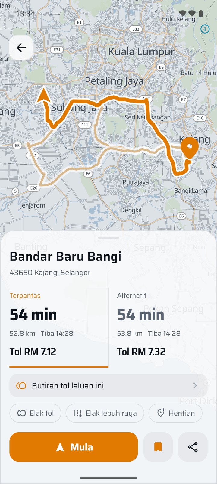 Dua pilihan laluan ke Bandar Baru Bangi, 54 minit, dengan tol RM 7.12 dan RM 7.32.